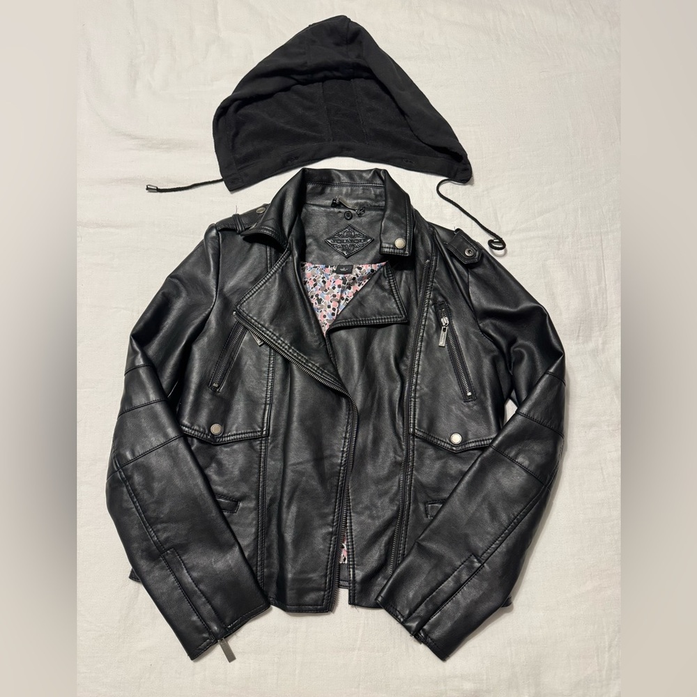 Jou Jou Black Leather Jacket with Hood